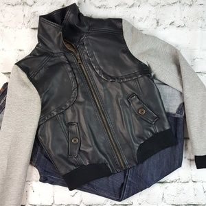 Faux Leather Moto Jacket with Sweatshirt Sleeves